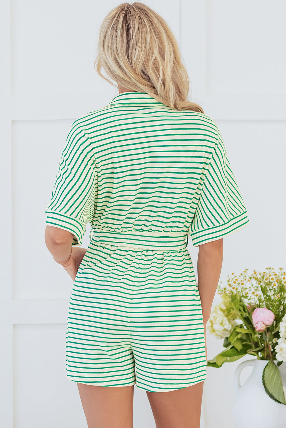 Mint Green Striped Button-Down Tie Waist Romper