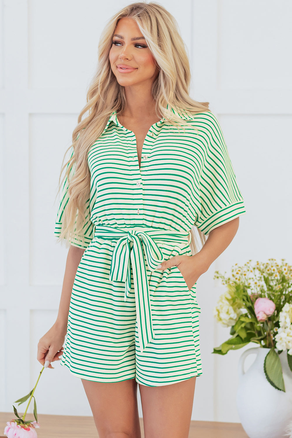 Mint Green Striped Button-Down Tie Waist Romper