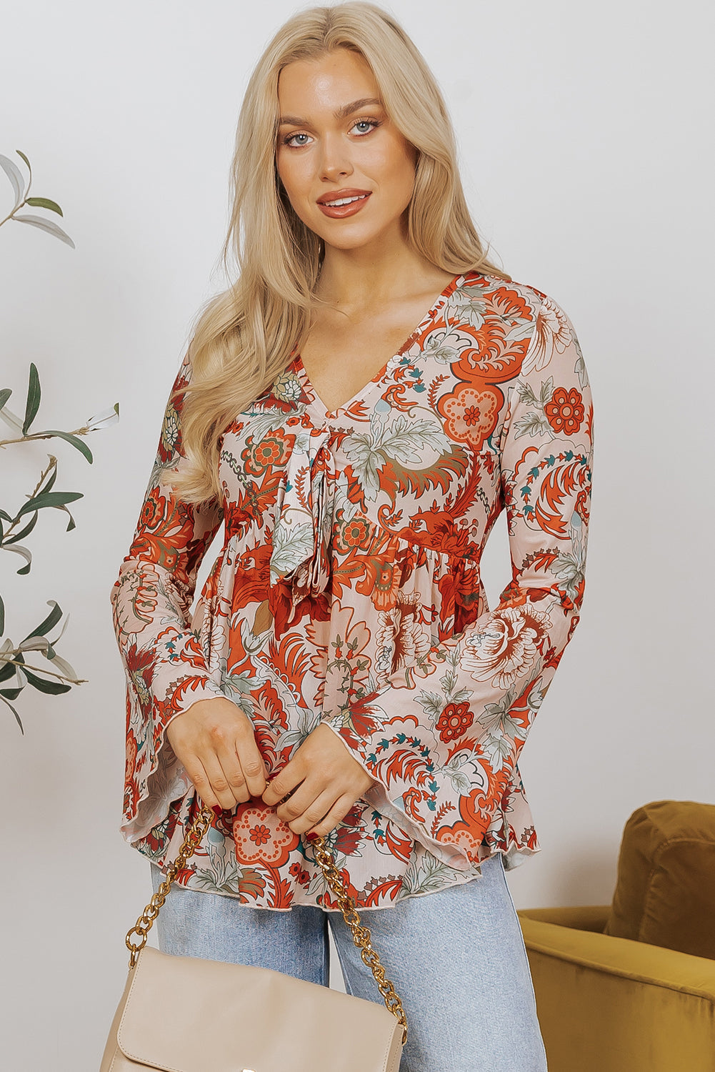 Celeste Bloom V-Neck Bell Sleeve Blouse ✨