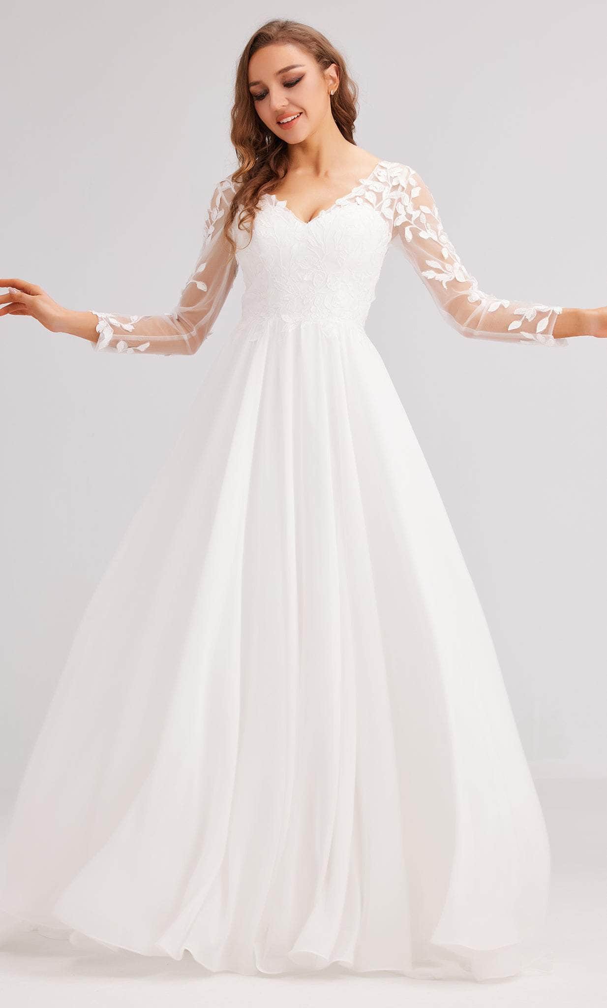 Elegant J23037 V-Neck Long Sleeve A-Line Gown
