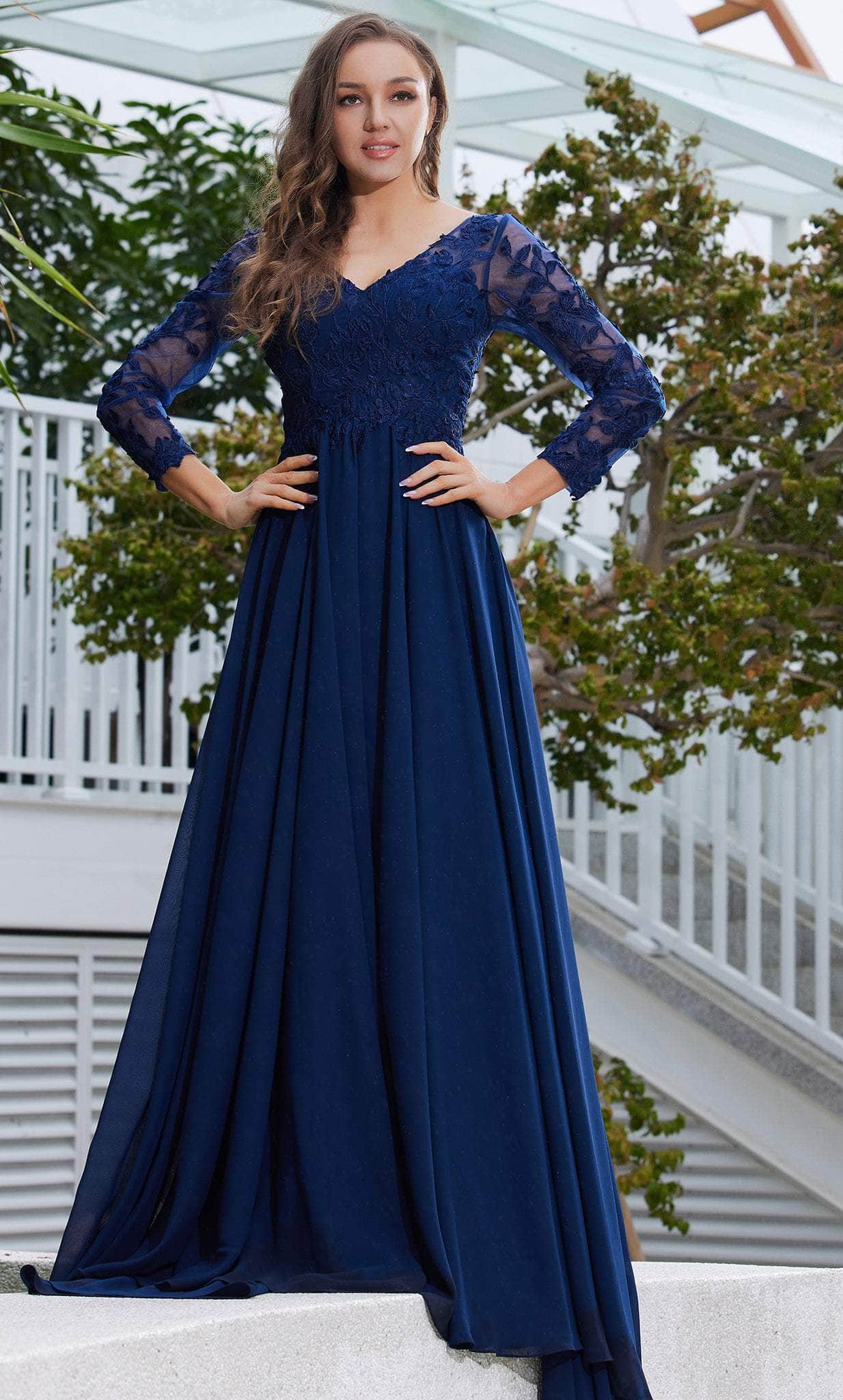 Elegant J23037 V-Neck Long Sleeve A-Line Gown