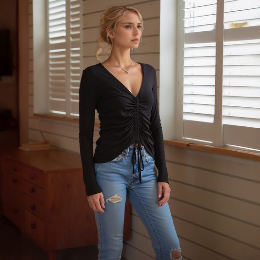π€ Womenβs V-Neck Ruched Top in Black π€