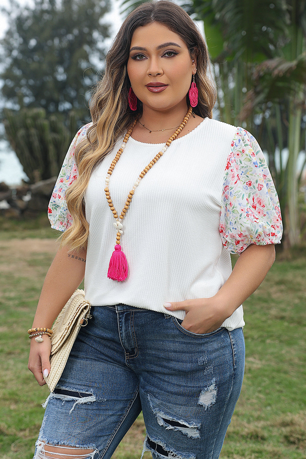 Kinslee Contrast Floral Puff Sleeve Ribbed Knit Plus Size Blouse-2