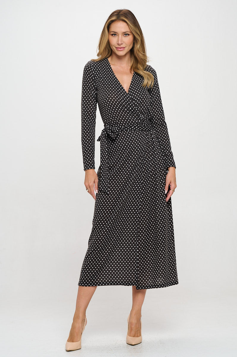 Polka Dot Knit V-Neck Wrap Midi Dress