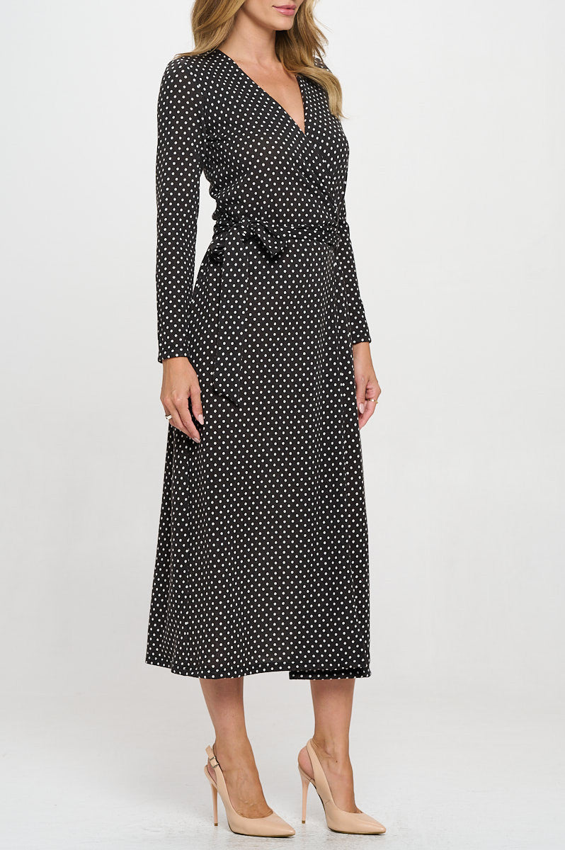 Polka Dot Knit V-Neck Wrap Midi Dress