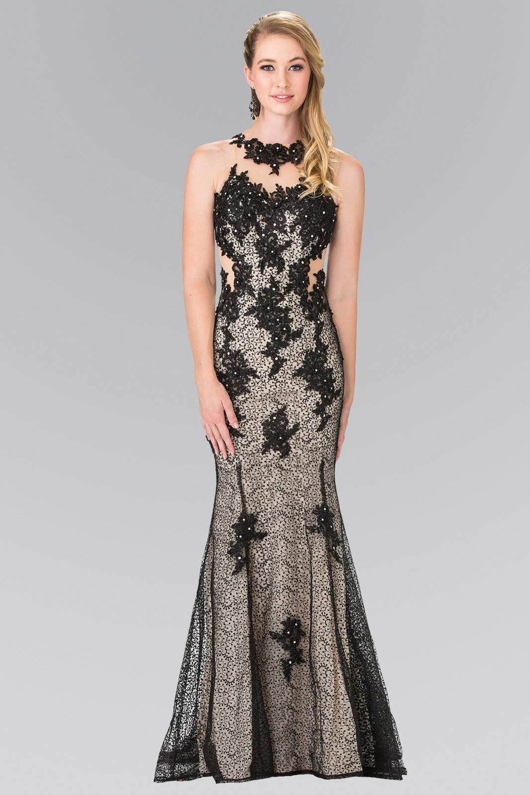 High Neck Black Lace Mermaid Dress with Illusion Bodice