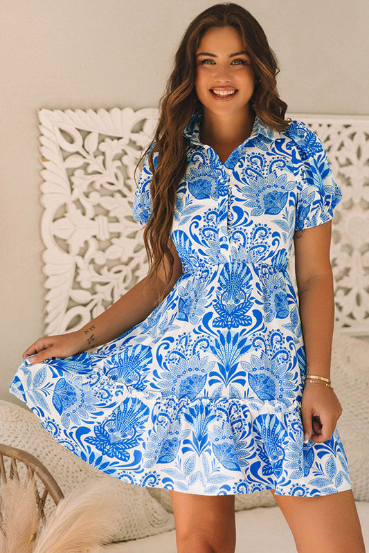 Lilly Blue Floral Drawstring Waist Ruffle Dress