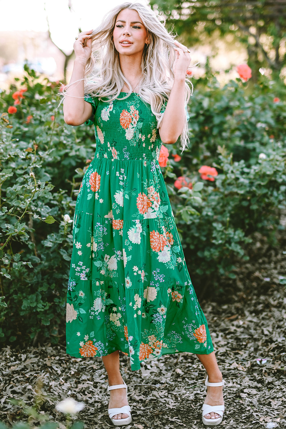 Emerald Blossom Smocked Midi Dress with Bubble Sleeves
