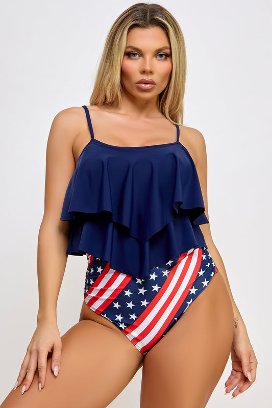 Margaret Patriotic Flounce Tankini Set with USA Print Bottom