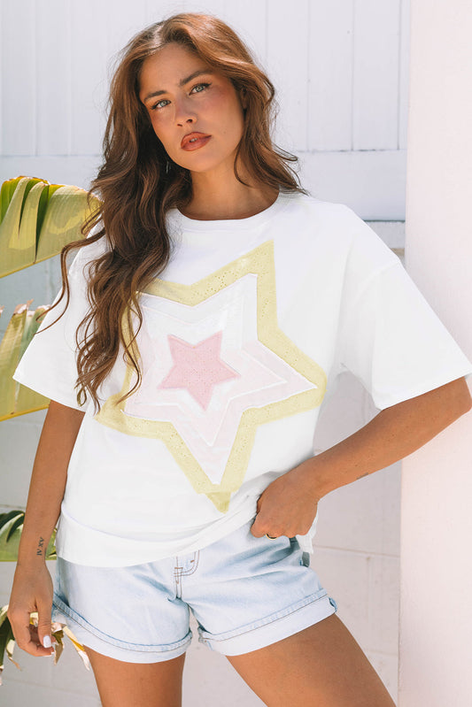 Lisa Layered Star Patched Half Sleeve Loose Top-0