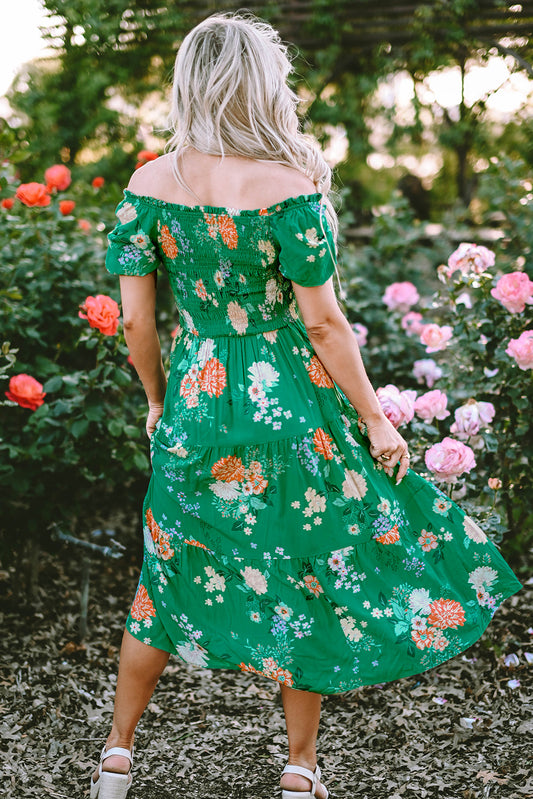 Emerald Blossom Smocked Midi Dress with Bubble Sleeves