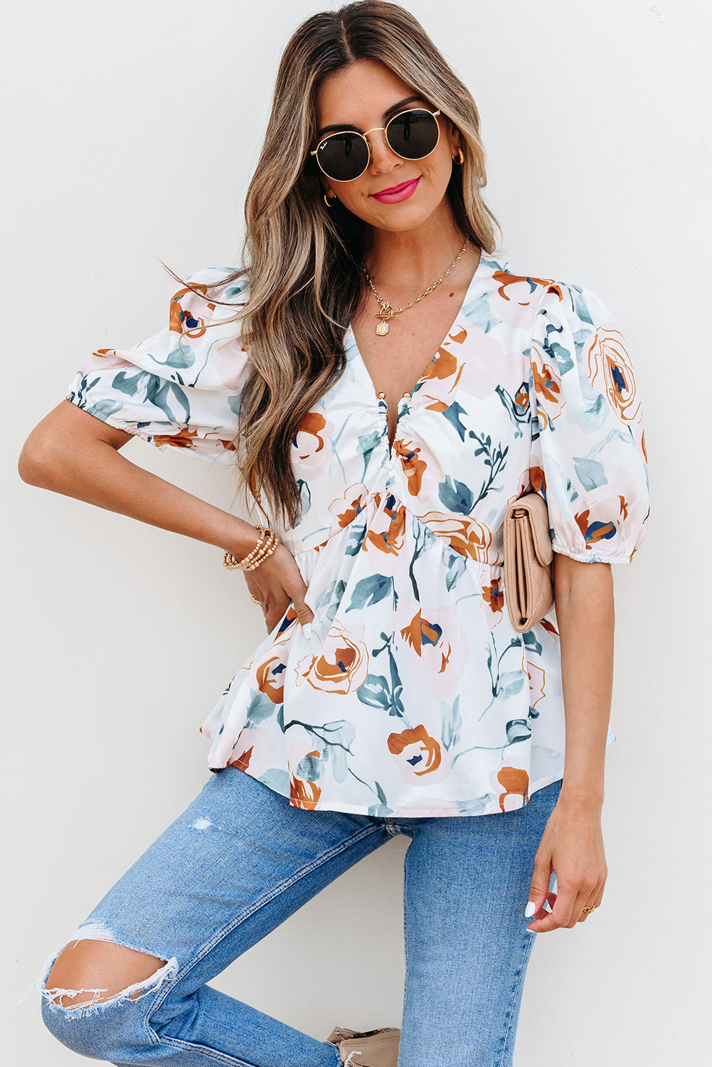 Salome Floral Puff Sleeve V-Neck Babydoll Blouse