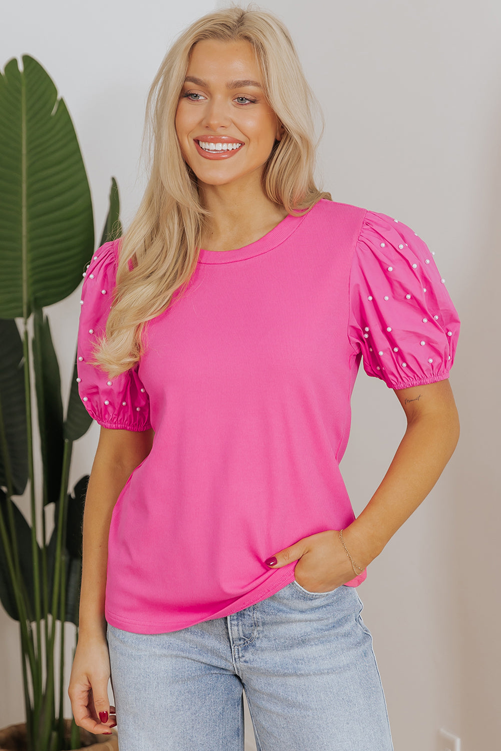 Shiloh Ribbed Pearl Beaded Puff Sleeve Top-0