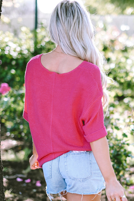 Delilah Textured Knit Split Neck Cuffed Short Sleeve Top-1