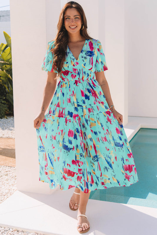 Roselyn Abstract Short Puff Sleeve Tiered Maxi Dress-0