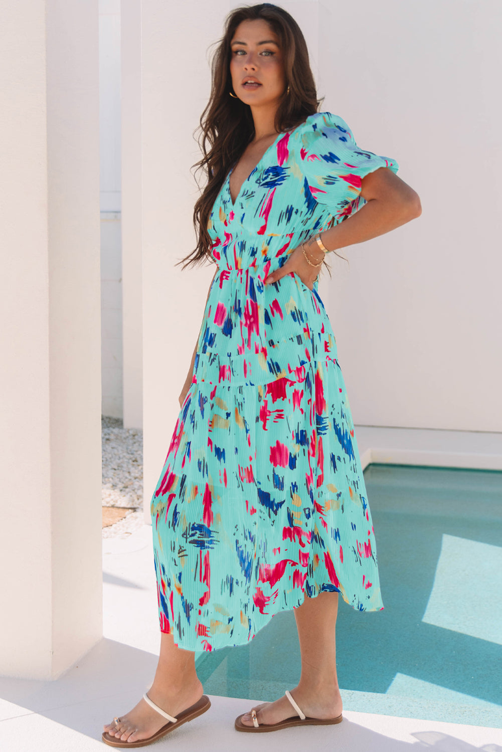 Roselyn Abstract Short Puff Sleeve Tiered Maxi Dress-2