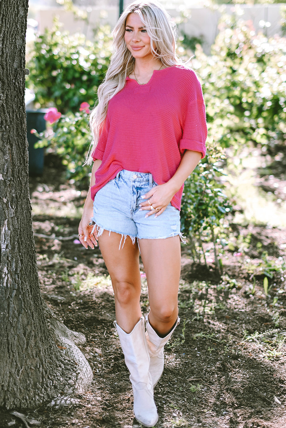 Delilah Textured Knit Split Neck Cuffed Short Sleeve Top-2