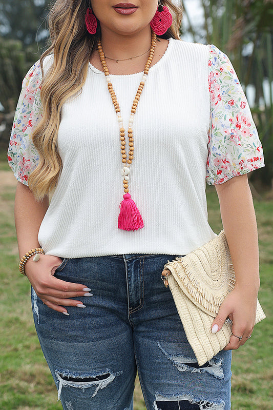 Kinslee Contrast Floral Puff Sleeve Ribbed Knit Plus Size Blouse-0