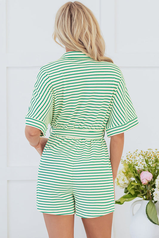 Mint Green Striped Button-Down Tie Waist Romper