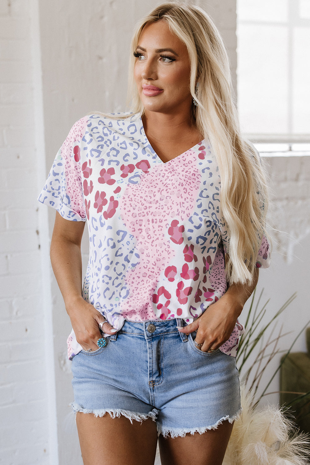 Luisa Leopard V Neck Short Sleeve Blouse-3
