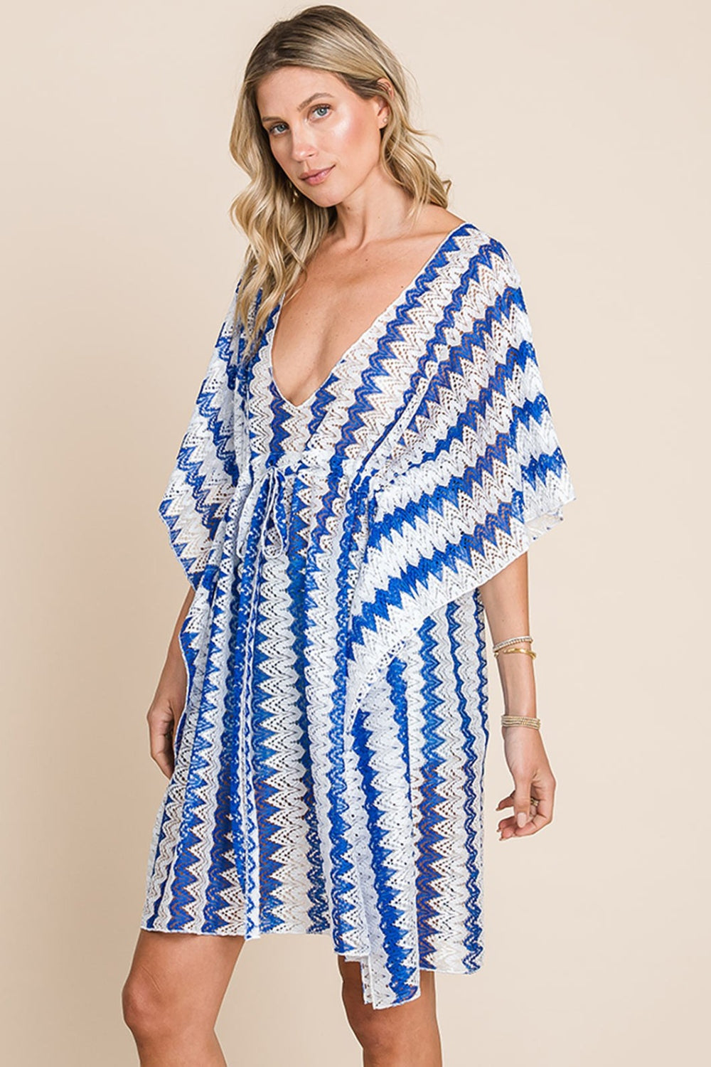 Striped Plunge Tie Waist Half Sleeve Beach Cover-Up