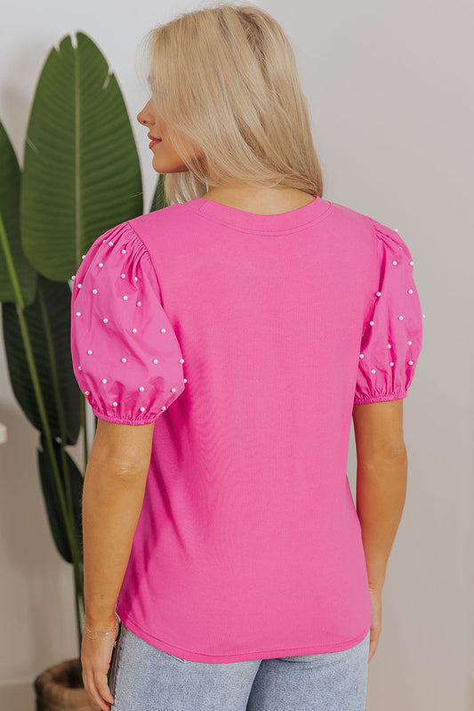 Shiloh Ribbed Pearl Beaded Puff Sleeve Top-1
