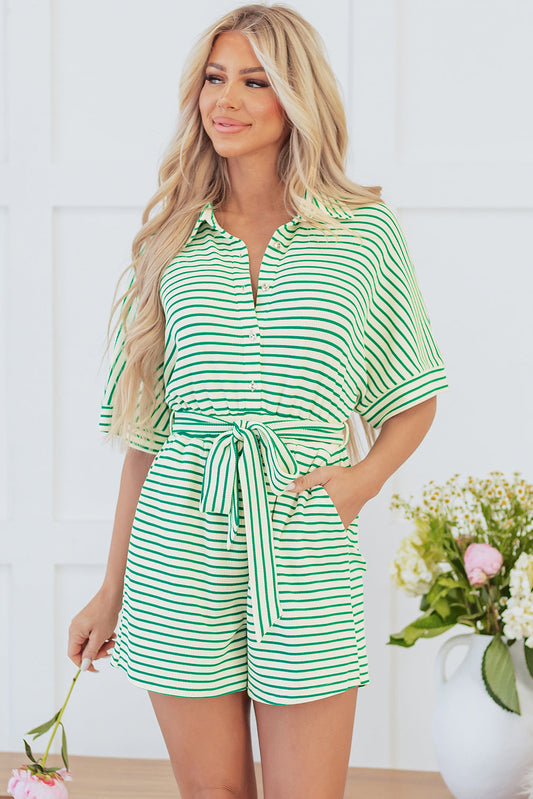 Mint Green Striped Button-Down Tie Waist Romper