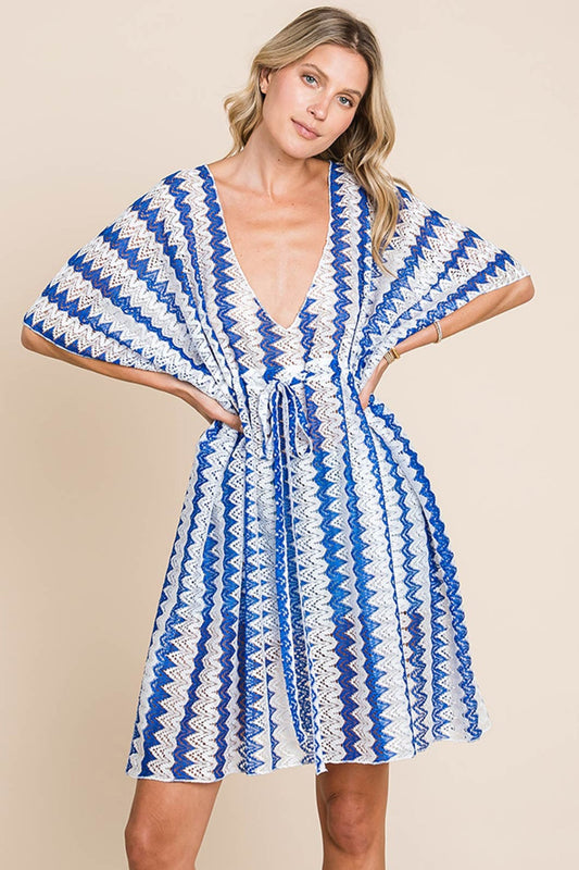 Striped Plunge Tie Waist Half Sleeve Beach Cover-Up
