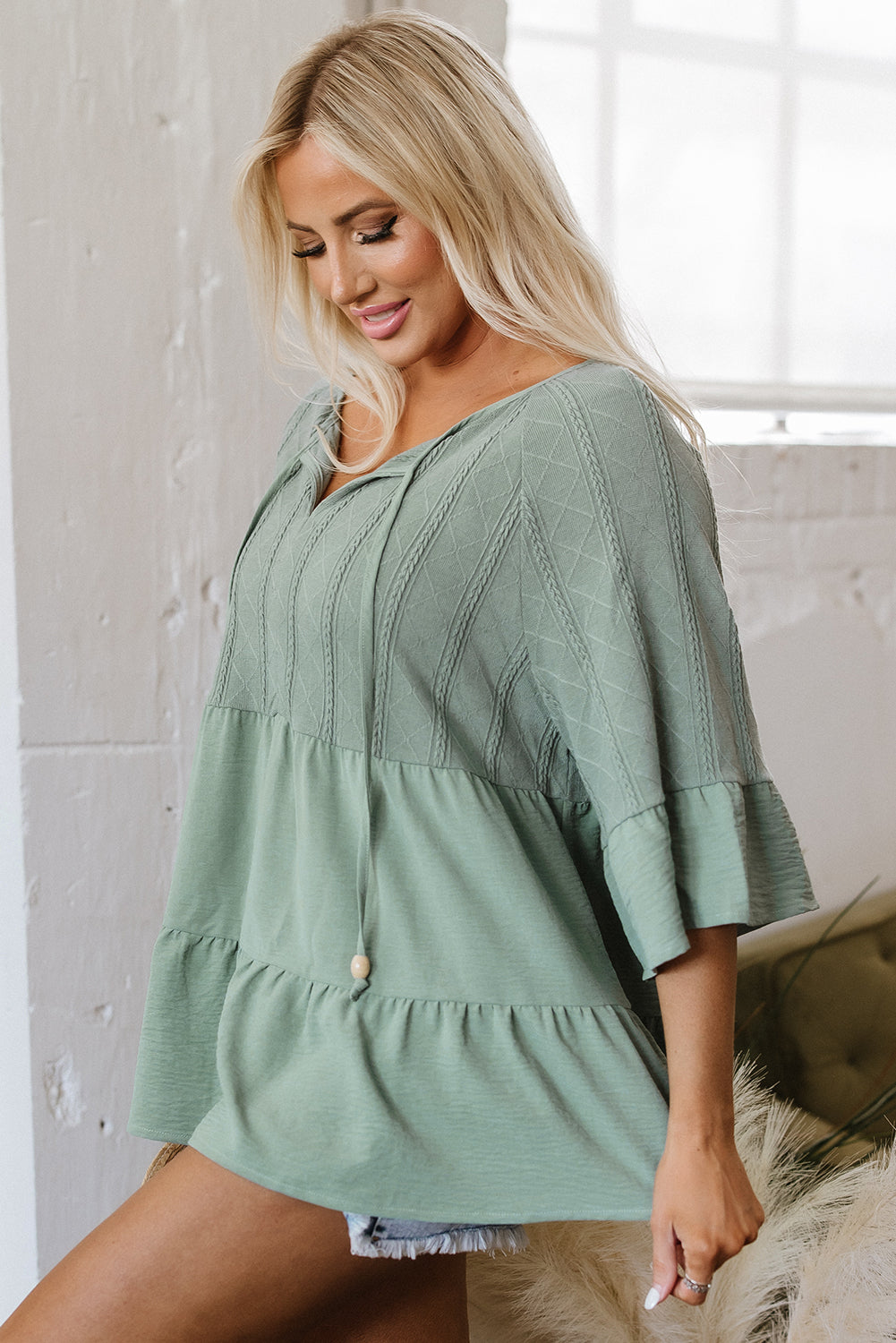Ensley Tie Split Neck Textured Ruffle Patchwork Blouse-2