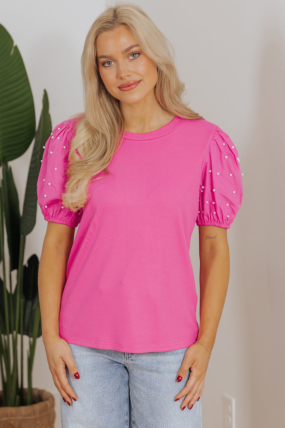 Shiloh Ribbed Pearl Beaded Puff Sleeve Top-3
