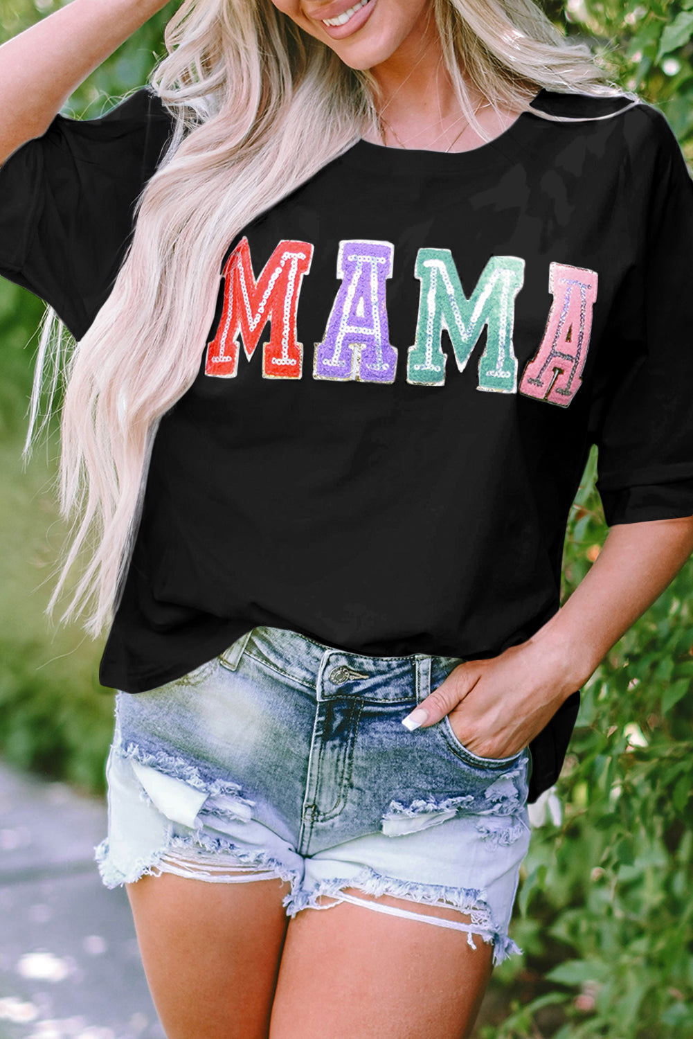 MAMA Chenille Patched Crew Neck Top-5