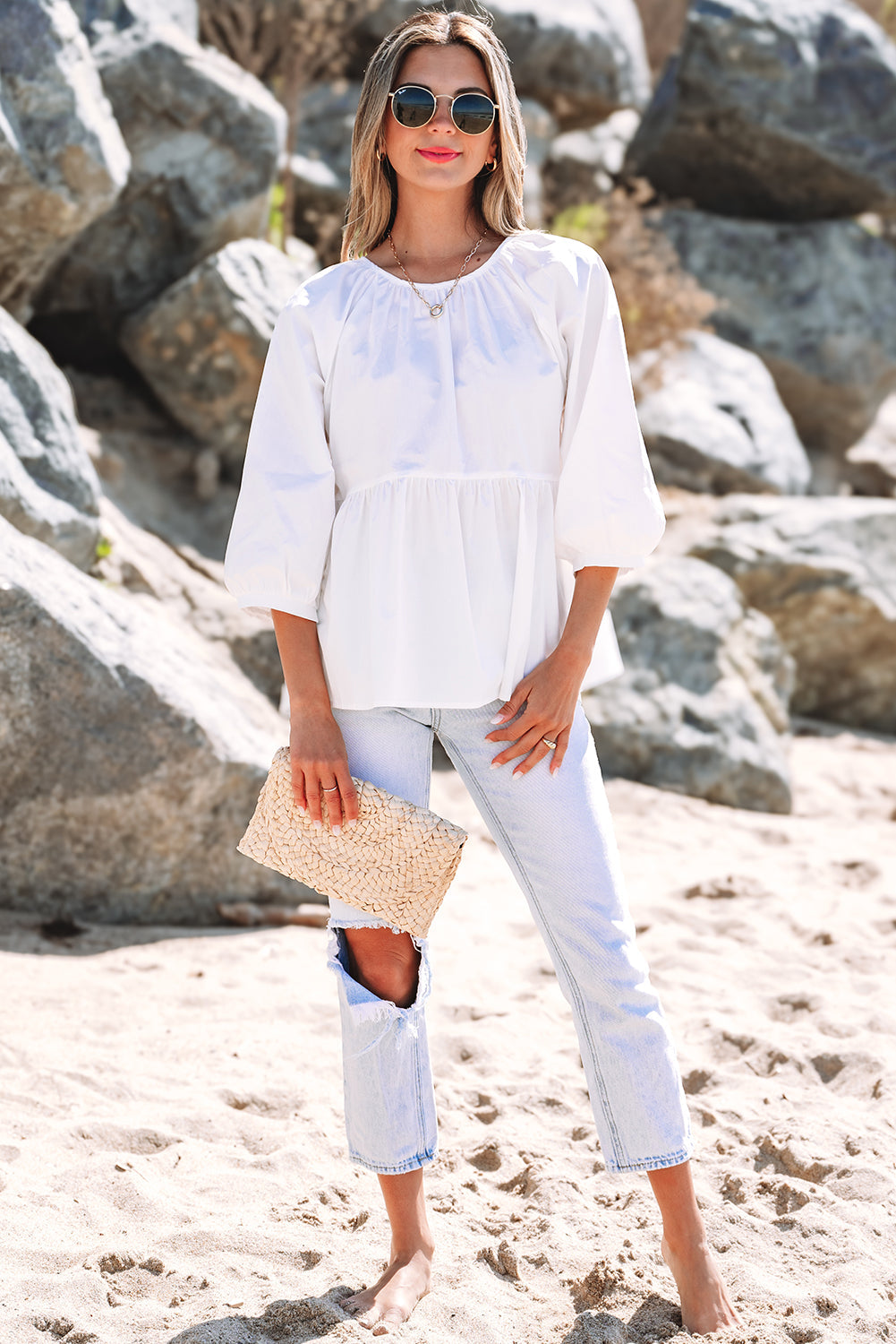 Elegant Bow Knot Blouse with Cutout Back & 3/4 Sleeves