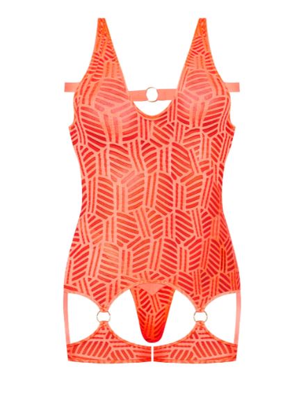 Magic Silk Rude Awakening Stirrup Chemise & Split Crotch Panty Set Neon Orange Queen Size