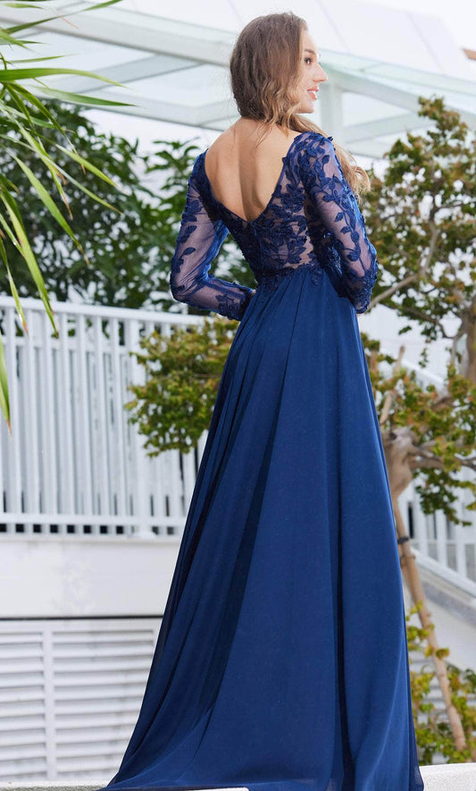 Elegant J23037 V-Neck Long Sleeve A-Line Gown