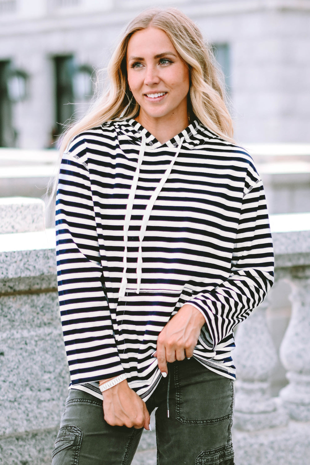 Julia Stripe Kangaroo Pocket Drawstring Hoodie-1