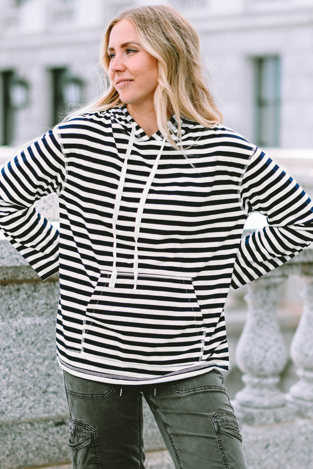 Julia Stripe Kangaroo Pocket Drawstring Hoodie-4