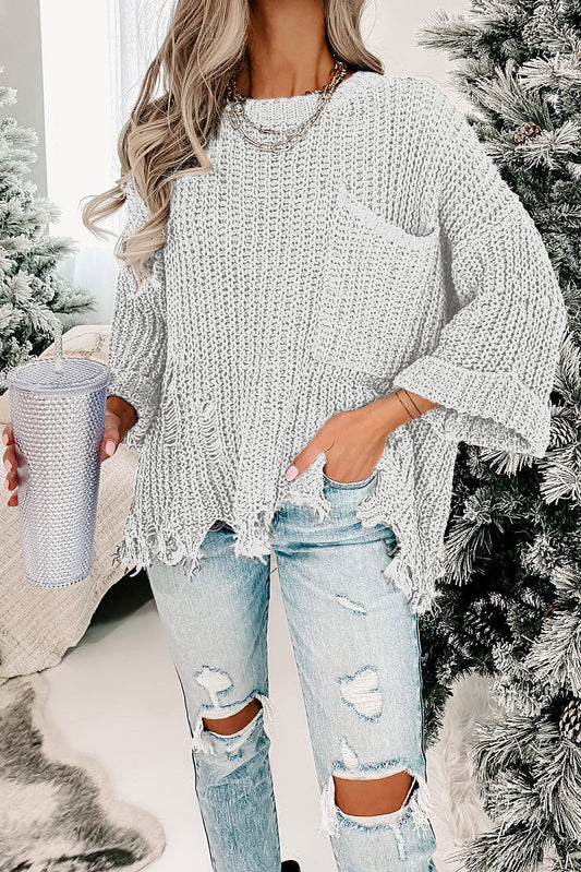 Cozy Ripped Hem Chunky Knit Pullover Sweater