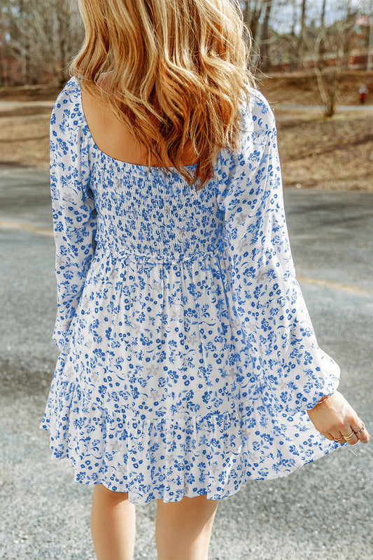 Sky Blue Floral Smocked Mini Dress with Puff Sleeves