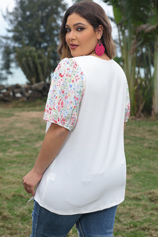 Kinslee Contrast Floral Puff Sleeve Ribbed Knit Plus Size Blouse-1