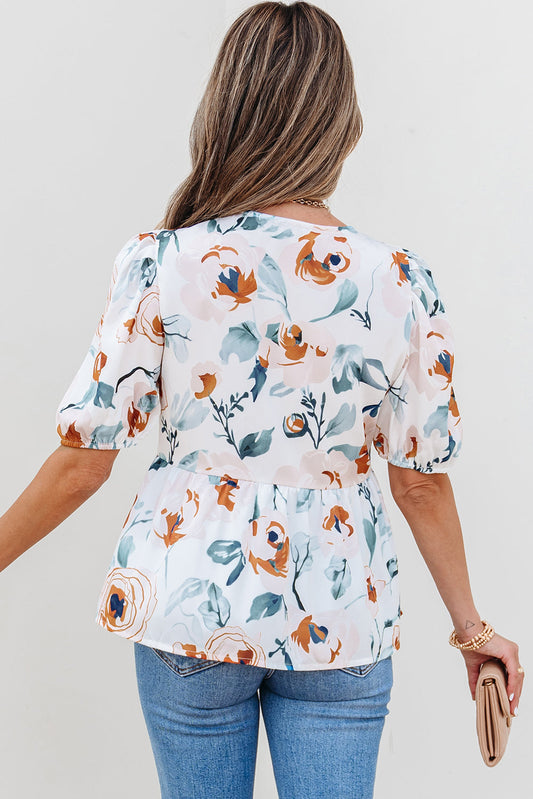 Salome Floral Puff Sleeve V-Neck Babydoll Blouse