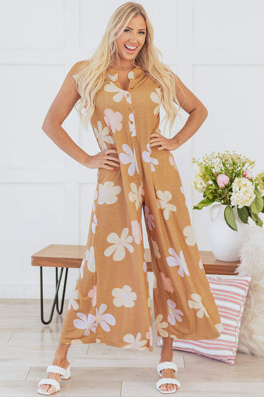 Laura Sleeveless Button up Wide Leg Loose Jumpsuit-0