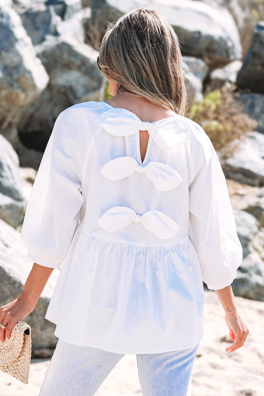 Elegant Bow Knot Blouse with Cutout Back & 3/4 Sleeves