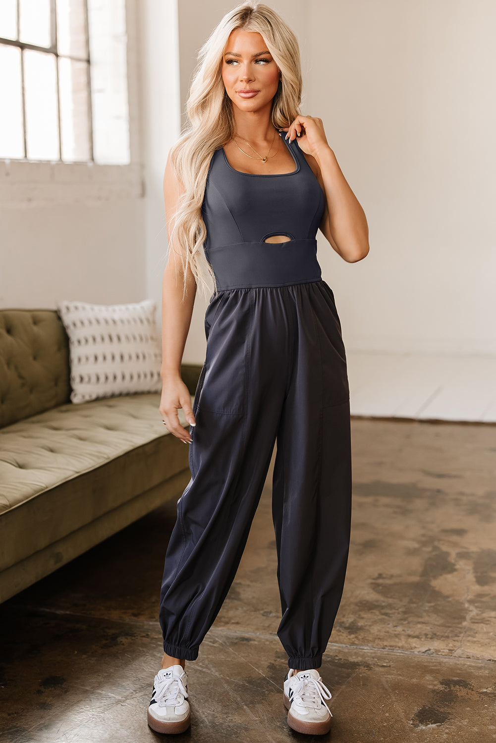 Avianna Sleeveless Jogger Jumpsuit with Back Crossed Straps