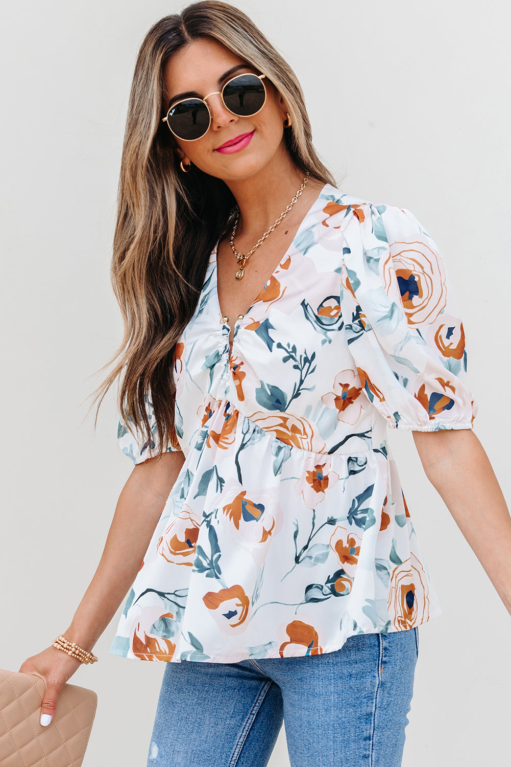 Salome Floral Puff Sleeve V-Neck Babydoll Blouse