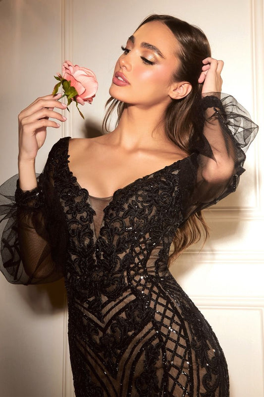 Elegant Long Sleeve Glitter Mermaid Gown