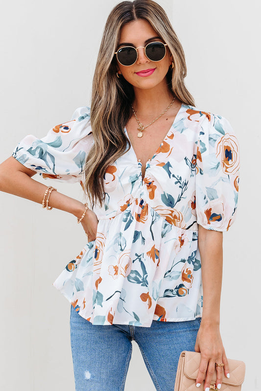Salome Floral Puff Sleeve V-Neck Babydoll Blouse