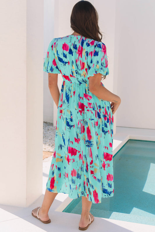 Roselyn Abstract Short Puff Sleeve Tiered Maxi Dress-1
