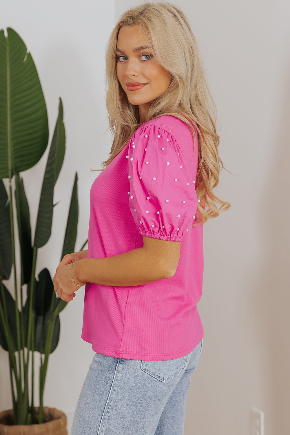 Shiloh Ribbed Pearl Beaded Puff Sleeve Top-2