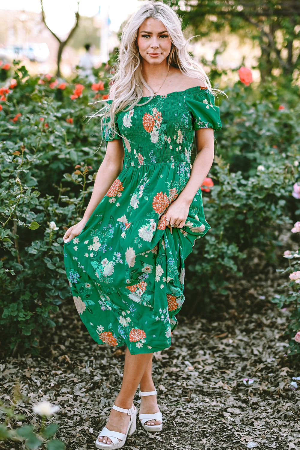 Emerald Blossom Smocked Midi Dress with Bubble Sleeves