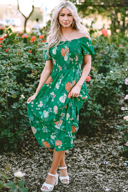 Emerald Blossom Smocked Midi Dress with Bubble Sleeves